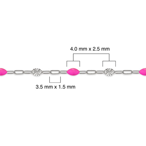 Silver chain with pink enamel and measurements on a white background