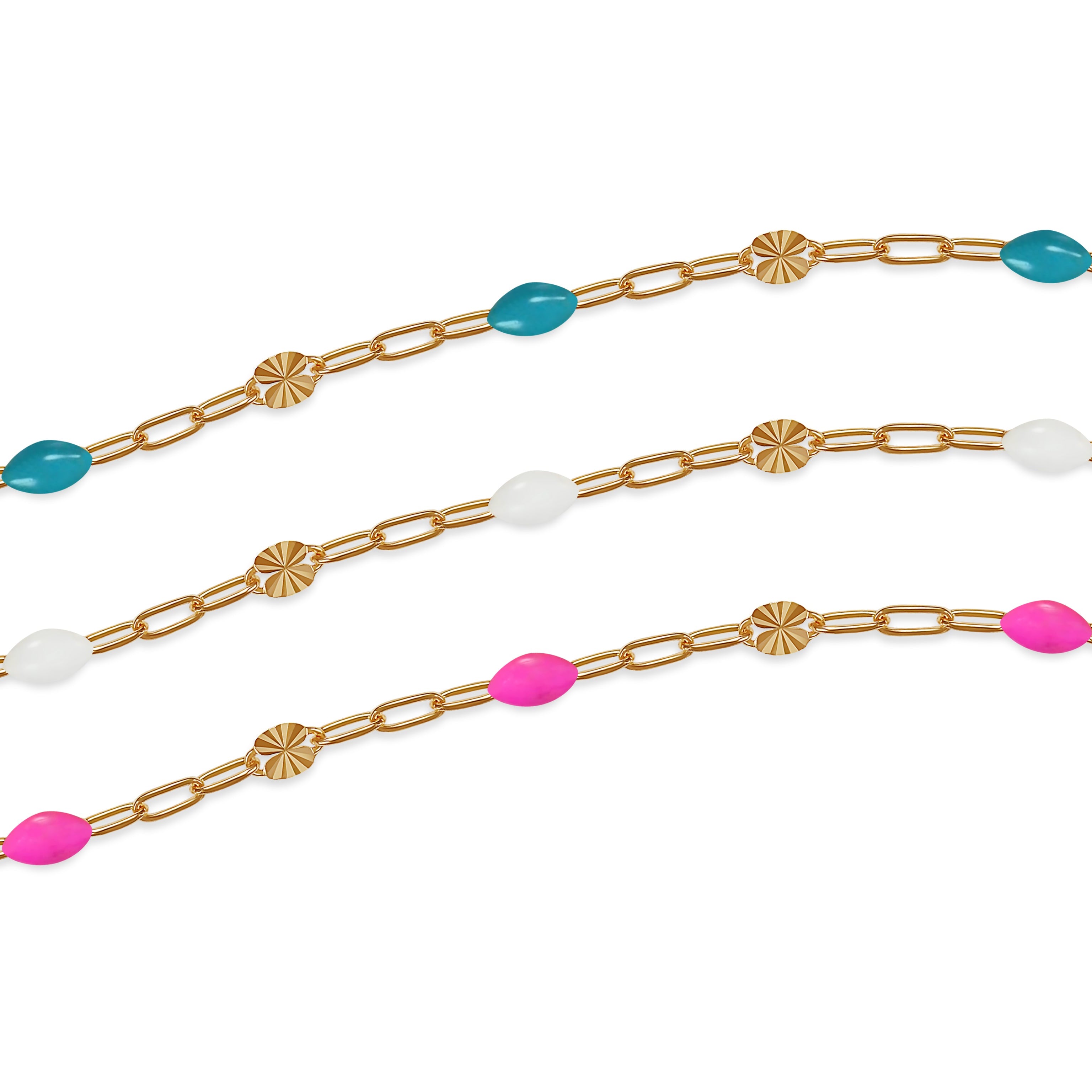 Gold filled chains with colorful enamel options on a white background