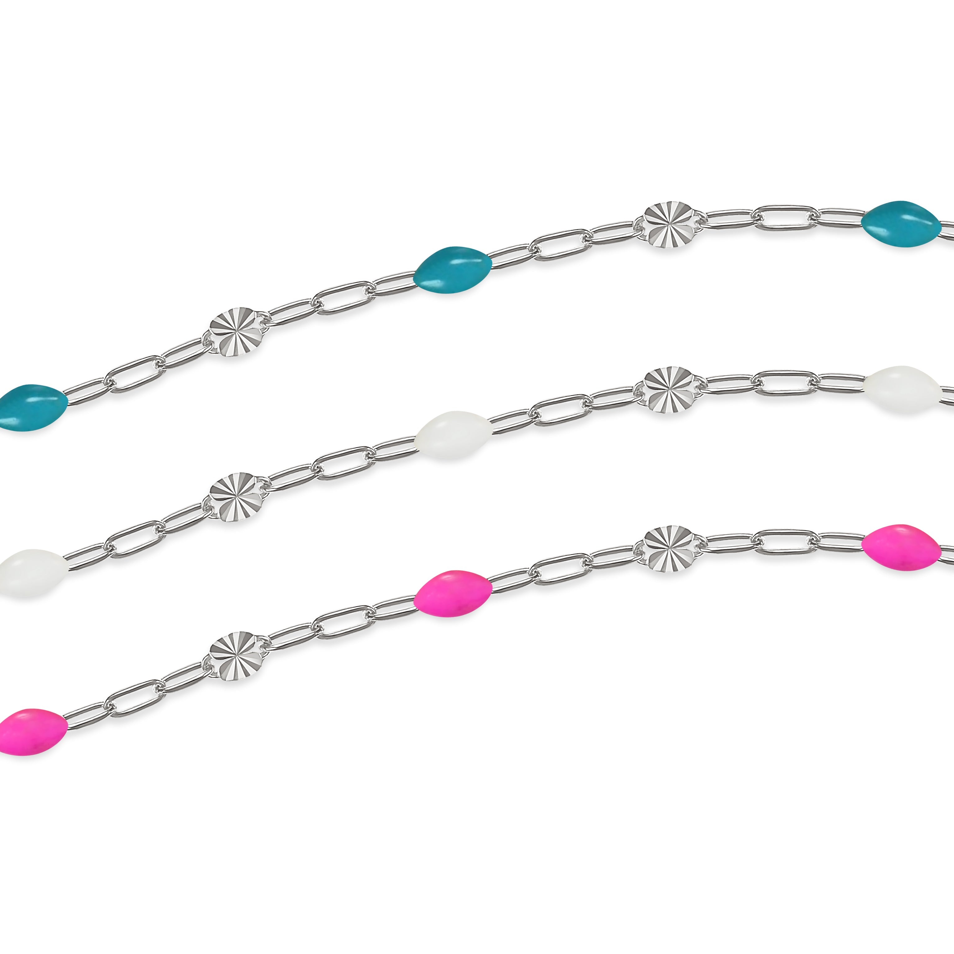 Sterling silver chains with colorful enamel options on a white background