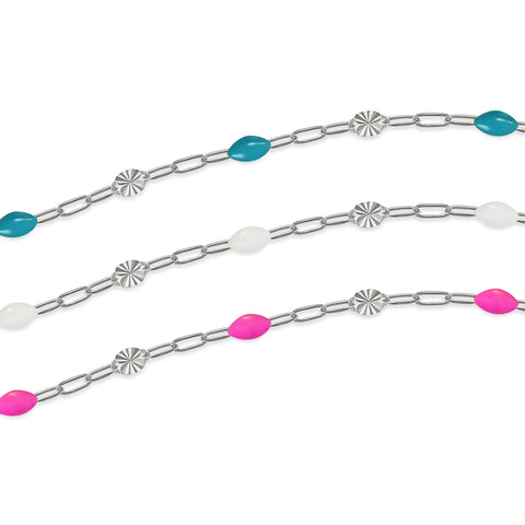 Sterling silver chains with colorful enamel options on a white background
