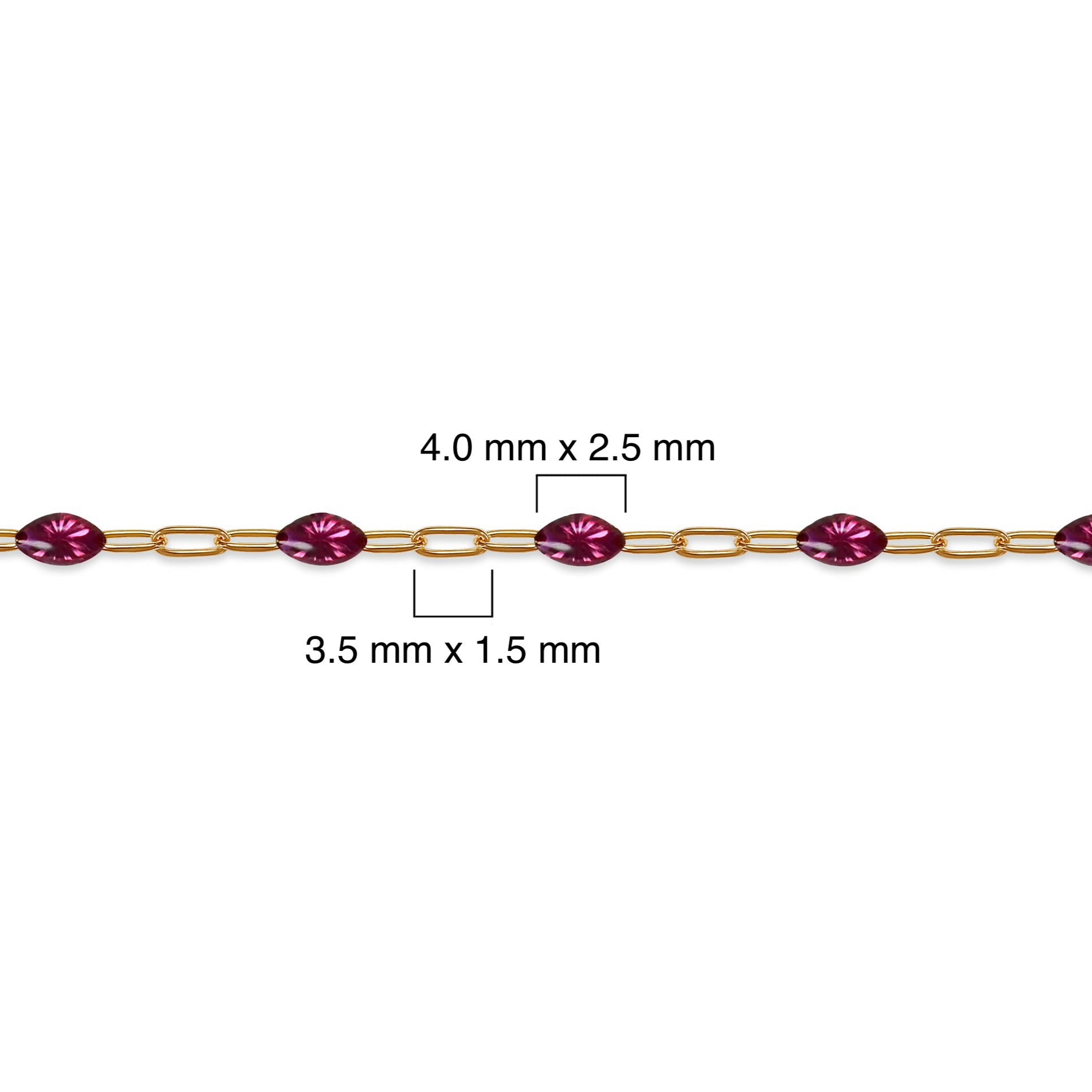 Gold filled chain with fuchsia enamel on a white background