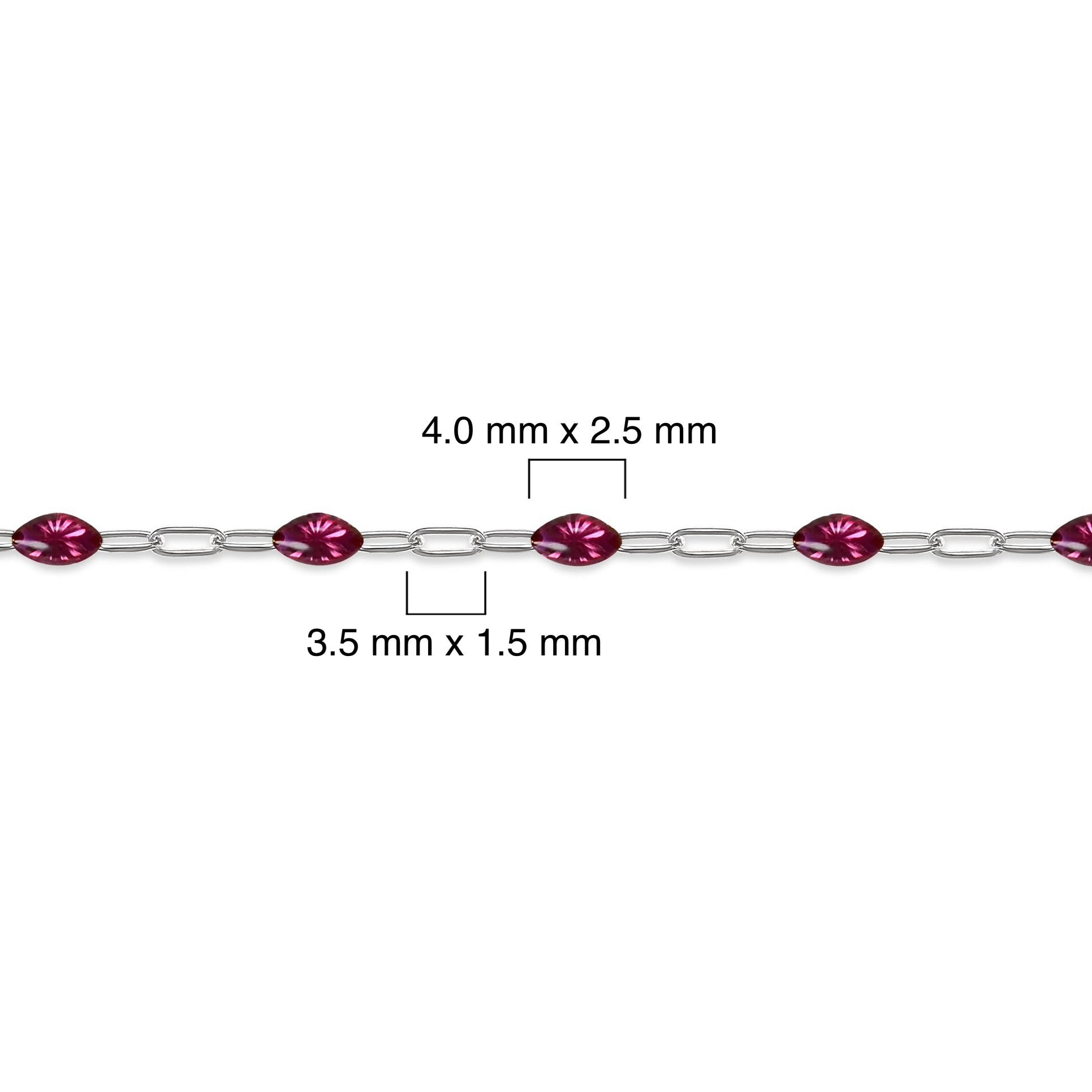 Silver chain with fuchsia colored enamel and measurements on a white background