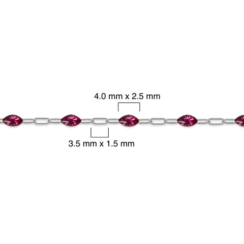 Silver chain with fuchsia colored enamel and measurements on a white background