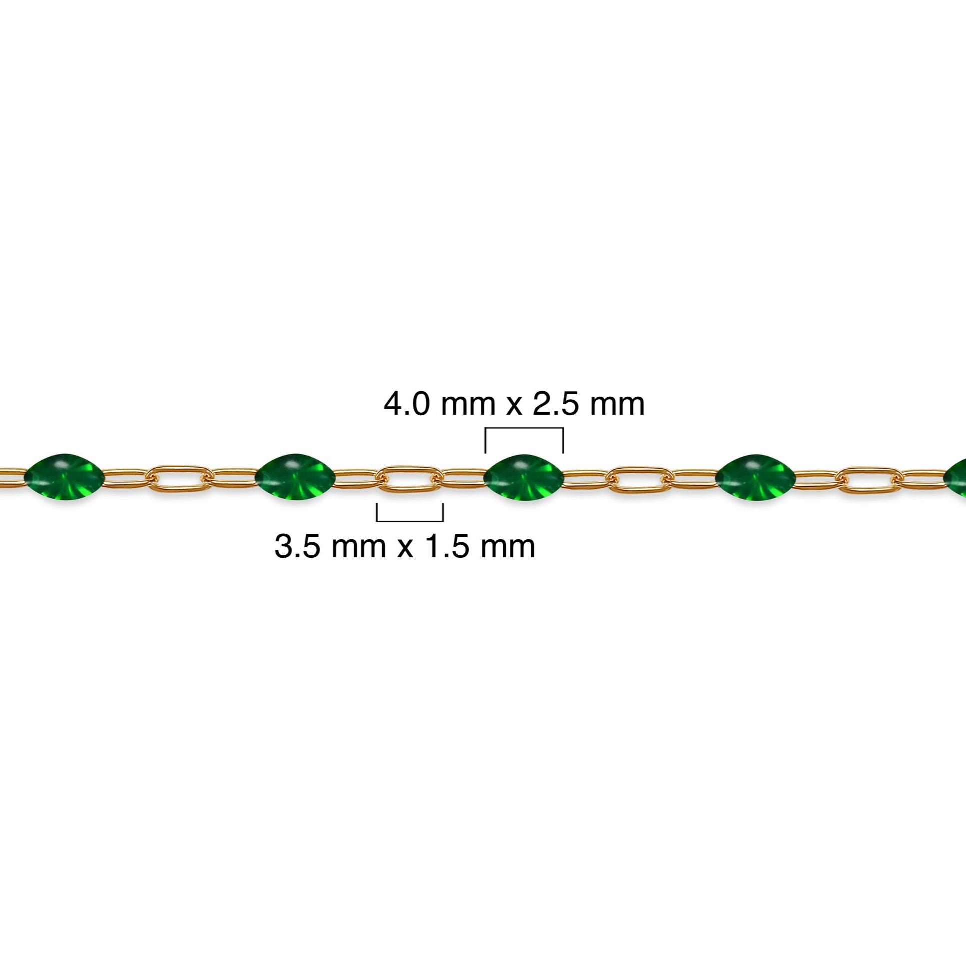 Gold filled chain with green enamel and measurements on a white background
