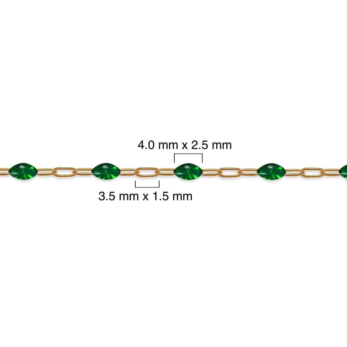 Gold filled chain with green enamel and measurements on a white background