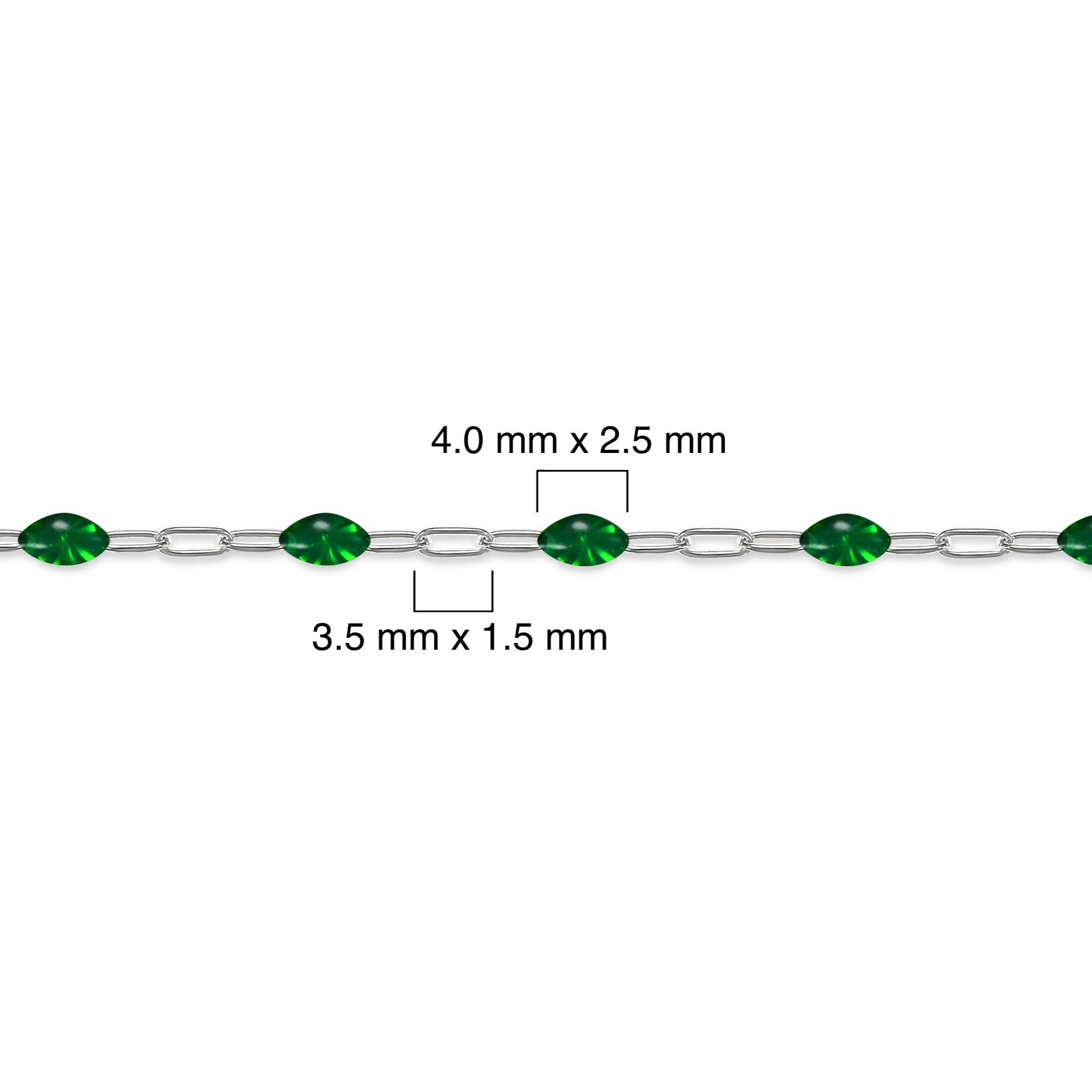 Silver chain with green enamel and measurements on a white background