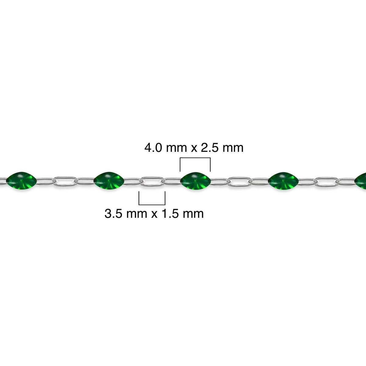 Silver chain with green enamel and measurements on a white background