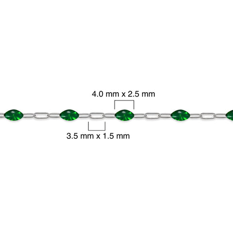 Silver chain with green enamel and measurements on a white background