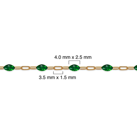 Gold filled chain with green enamel and measurements on a white background