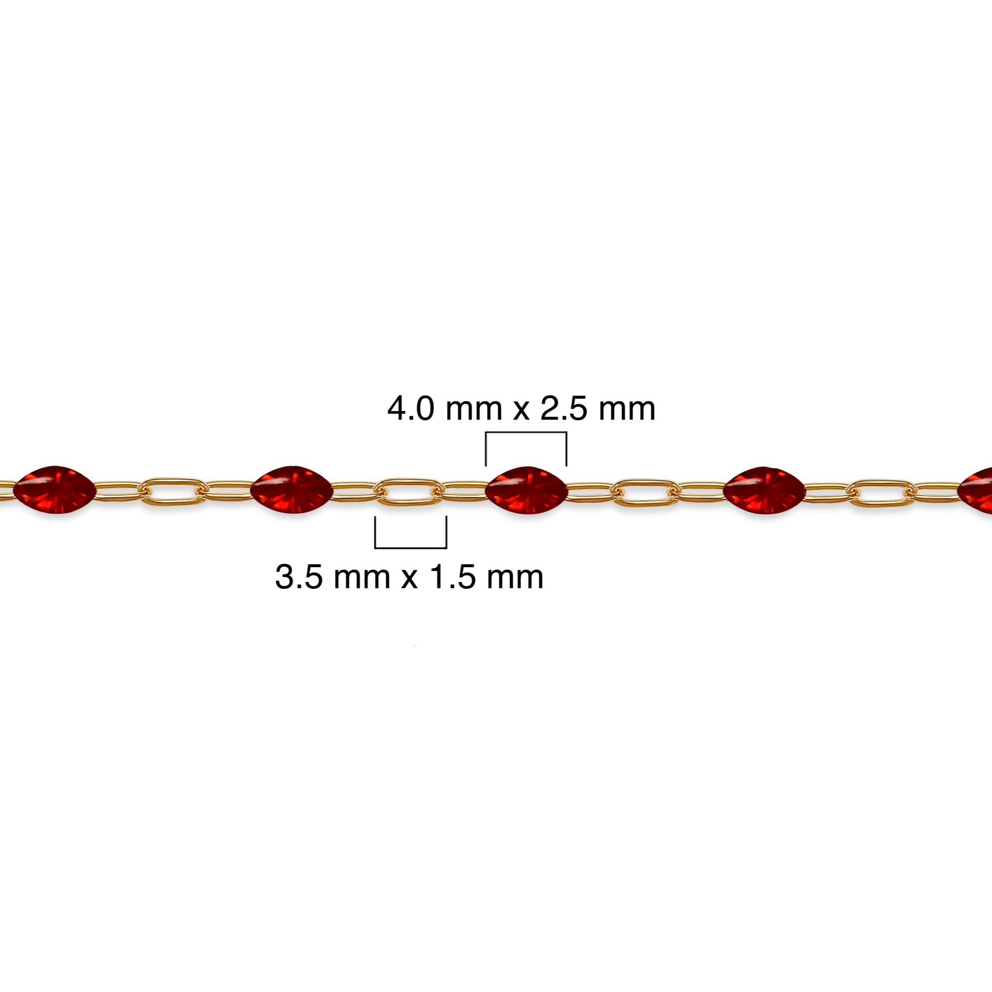 Gold filled chain with red enamel, showing dimensions on a white background