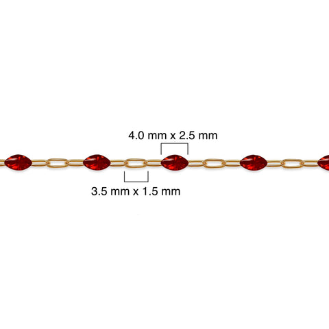 Gold filled chain with red enamel, showing dimensions on a white background