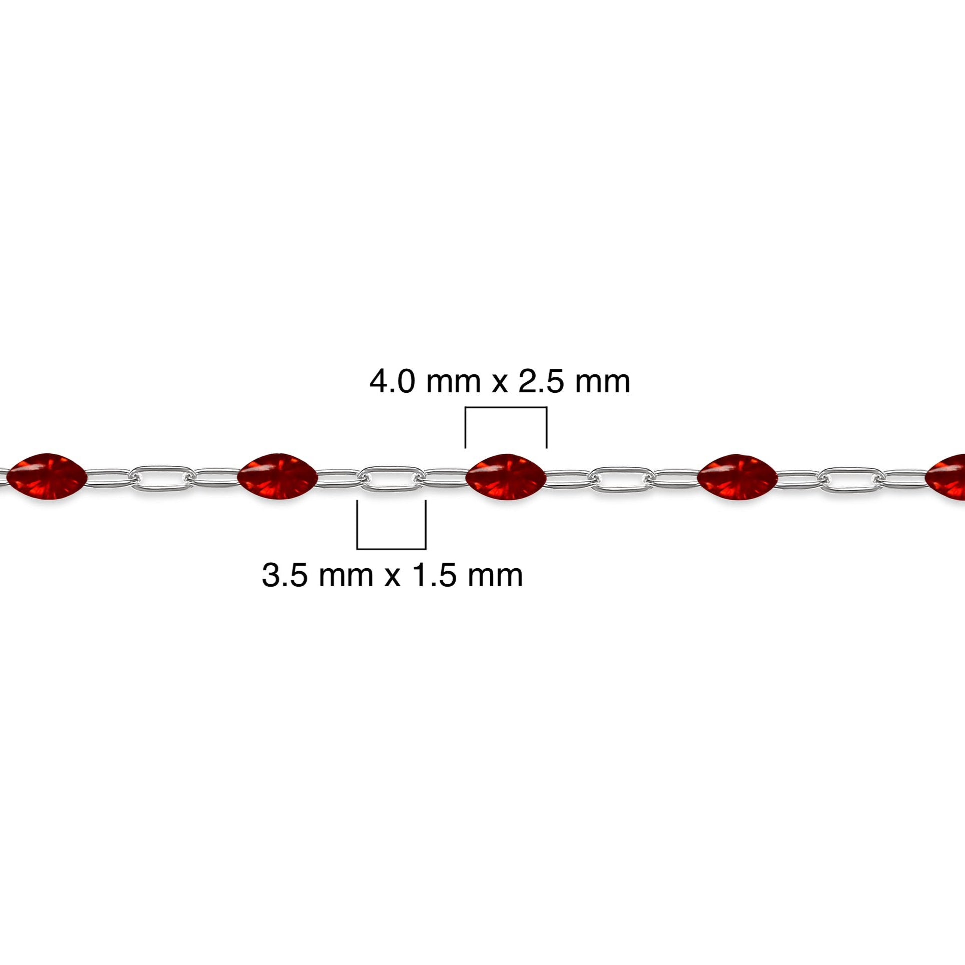 Silver chain with red enamel and measurements on a white background