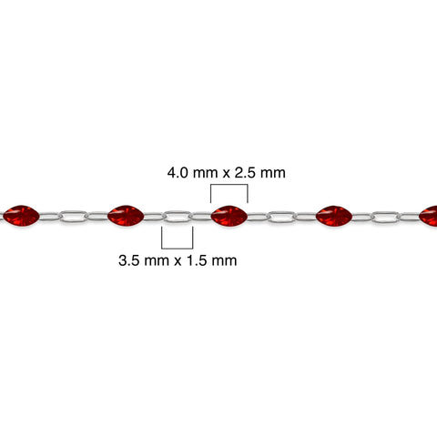 Silver chain with red enamel and measurements on a white background
