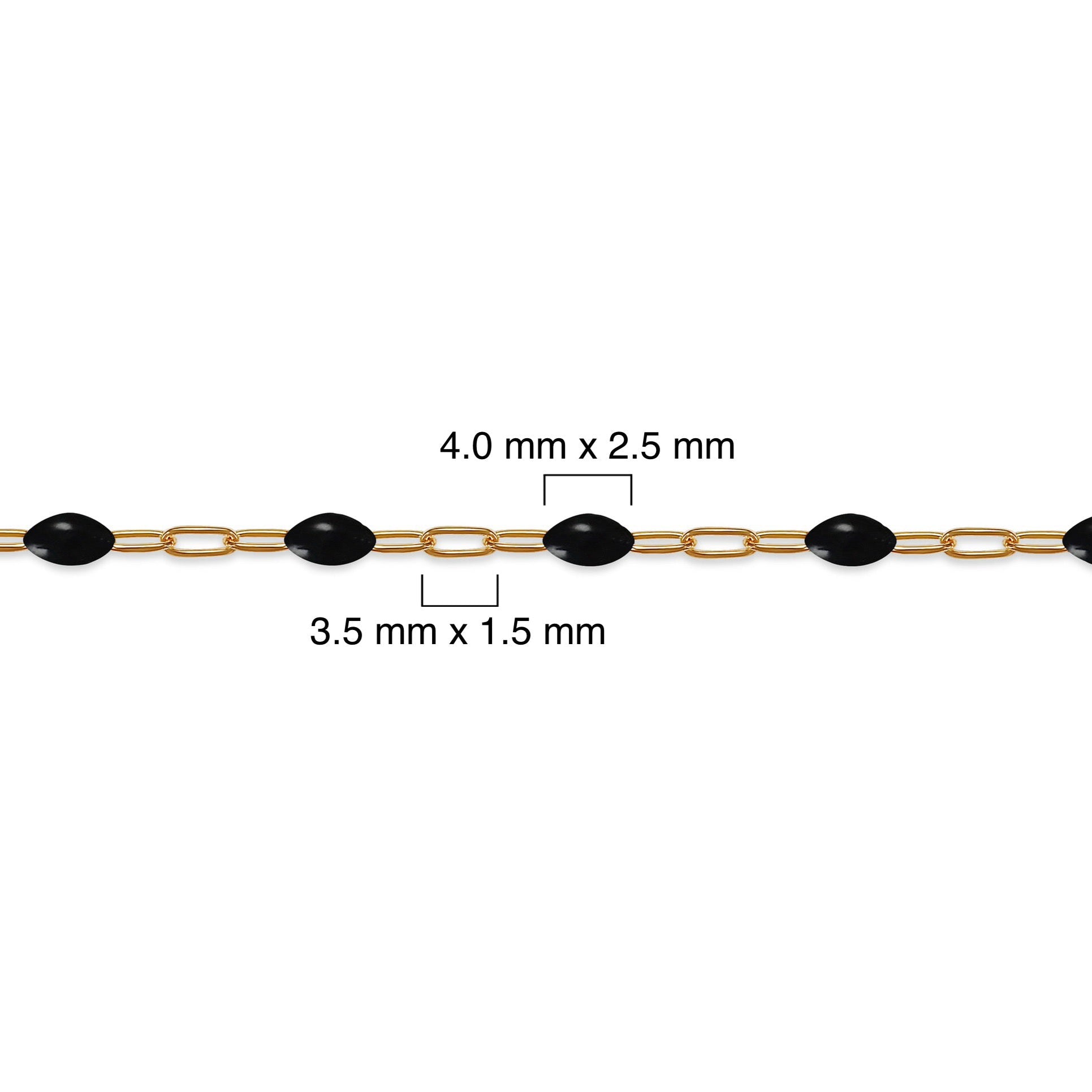 Gold filled chain with black enamel and measurements on a white background