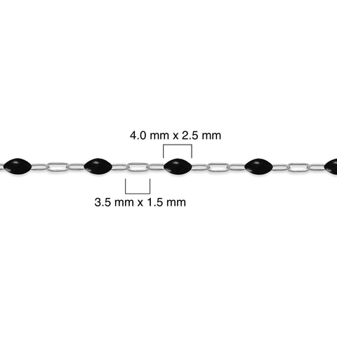Silver chain with black enamel with measurements on a white background