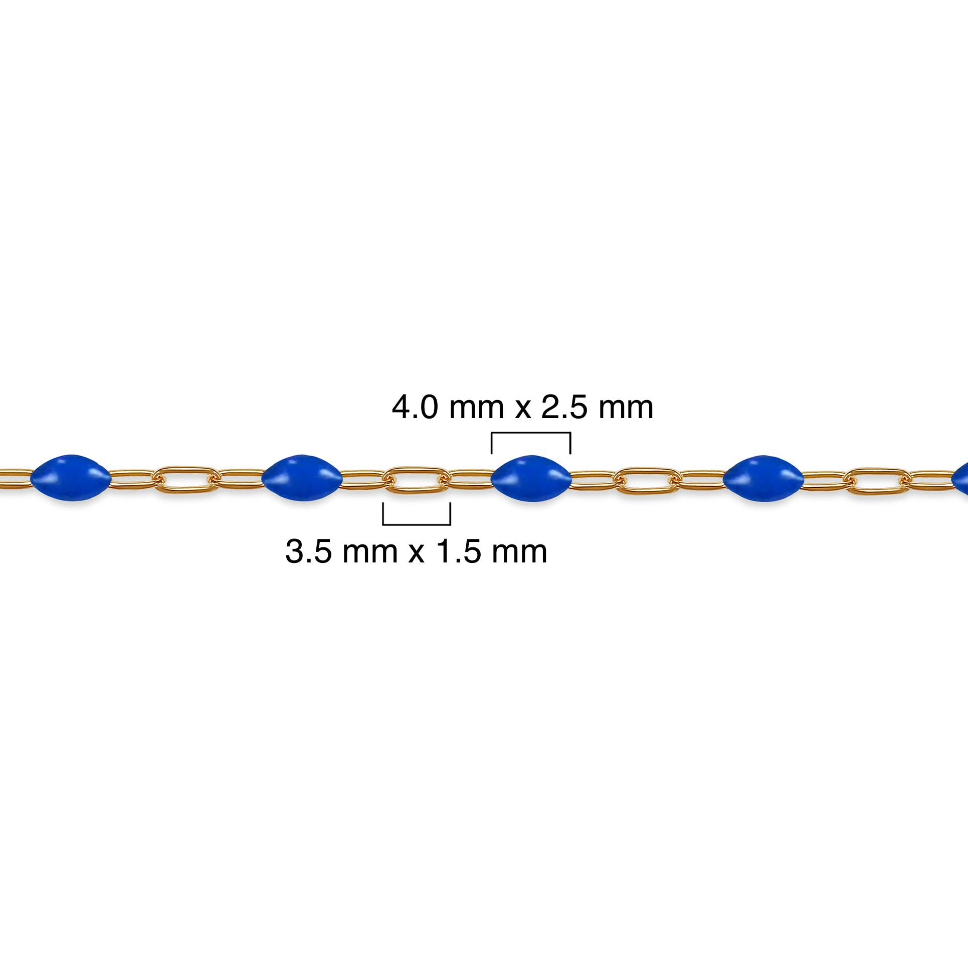 Gold filled chain with blue enamel and measurements on a white background