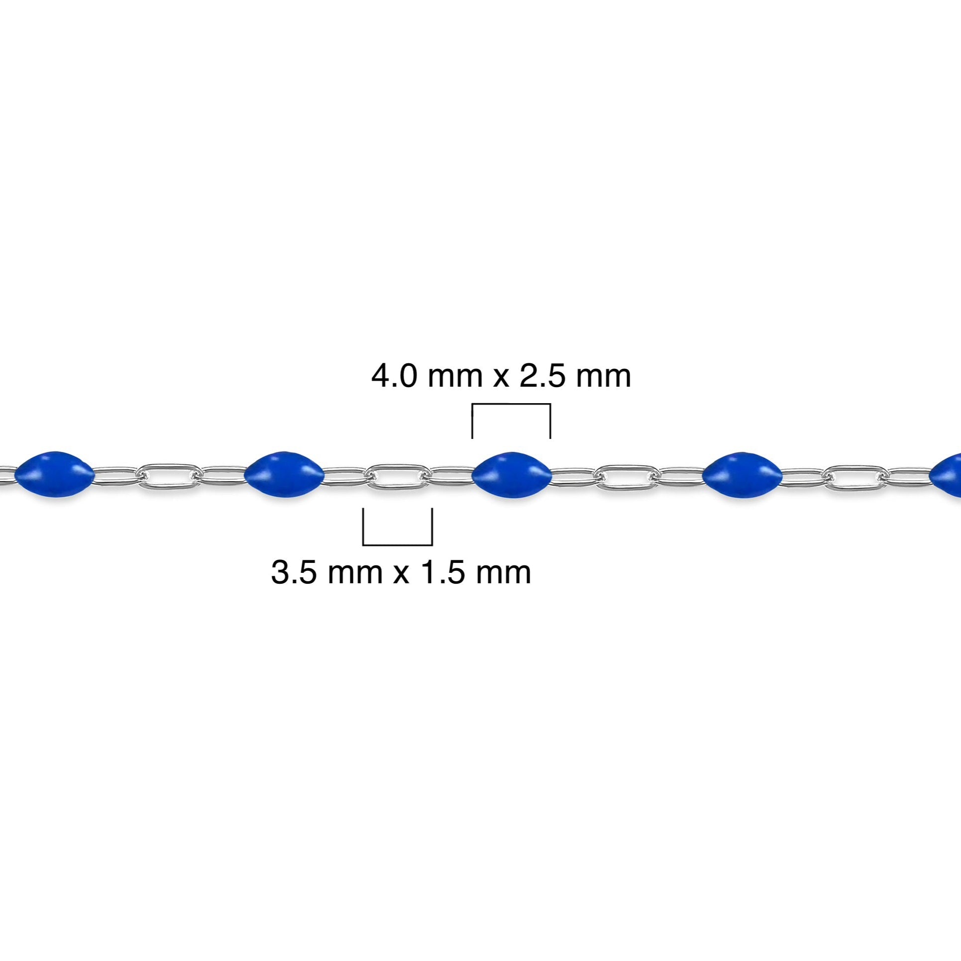 Silver chain with blue enamel with measurements on a white background