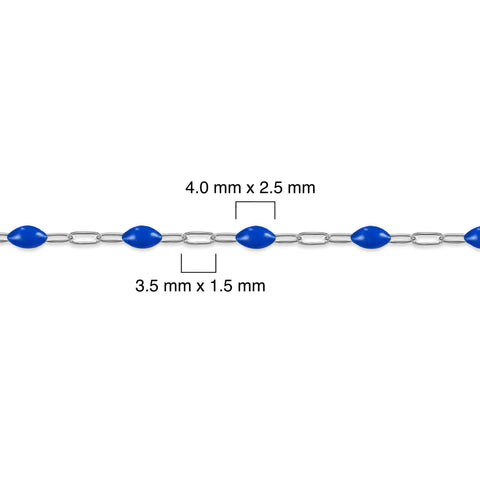 Silver chain with blue enamel with measurements on a white background