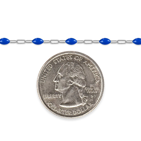 Silver chain with blue enamel next to a quarter on a white background