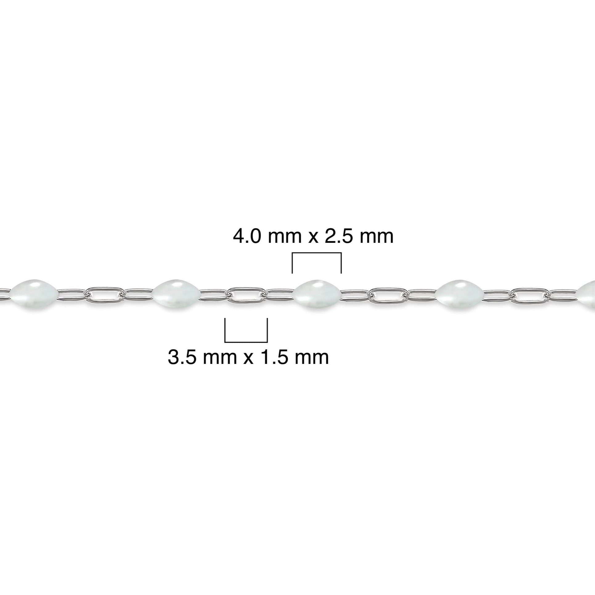 Silver chain with white enamel and measurements on a white background