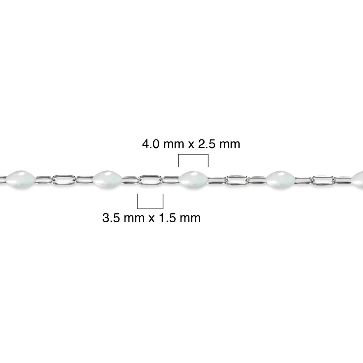 Silver chain with white enamel and measurements on a white background