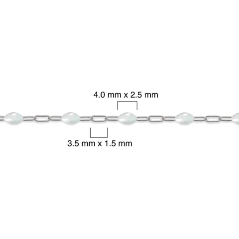 Silver chain with white enamel and measurements on a white background