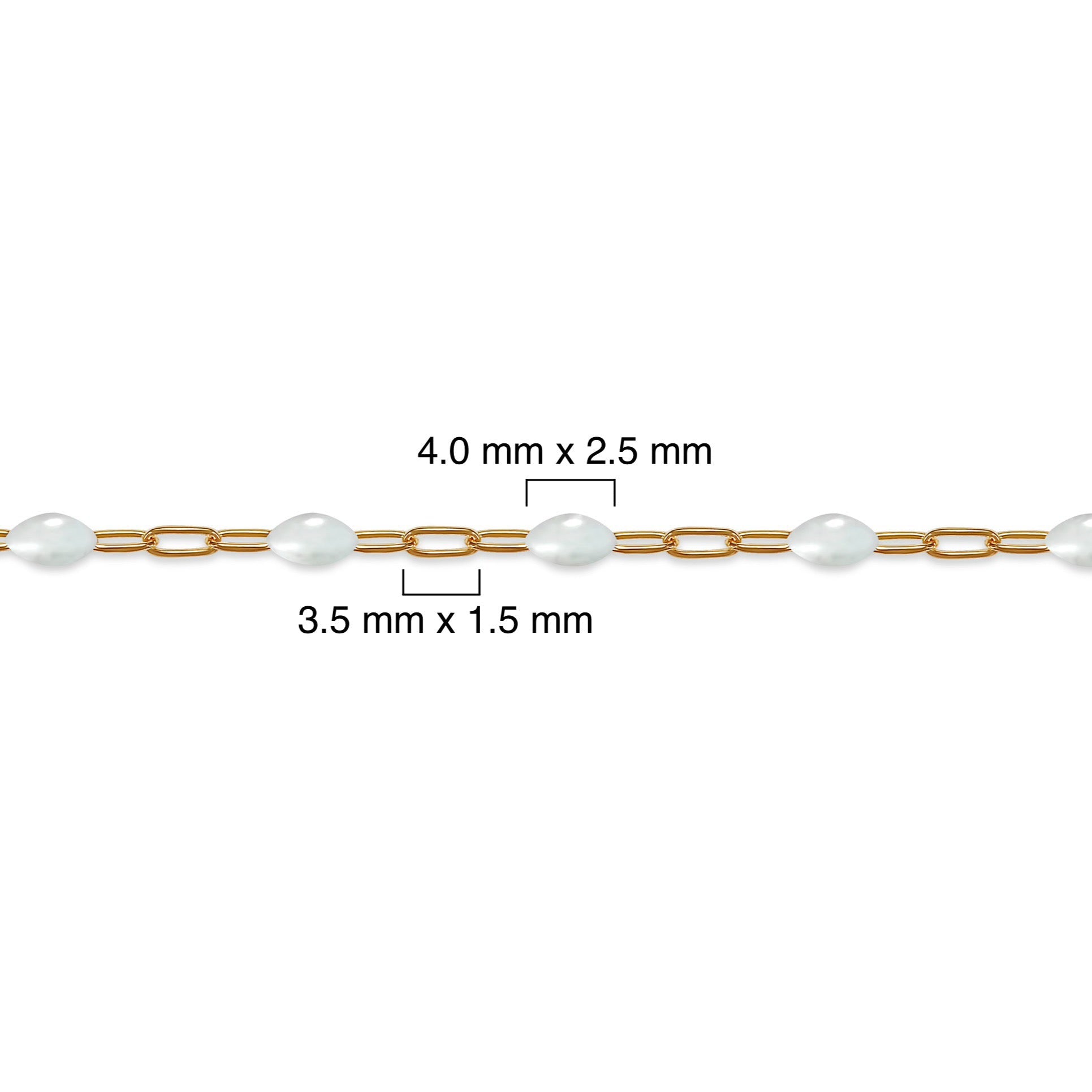 Measurement details of a gold filled chain with white enamel on a white background