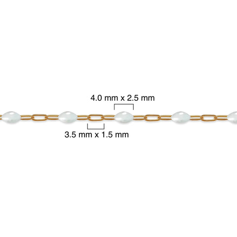 Measurement details of a gold filled chain with white enamel on a white background