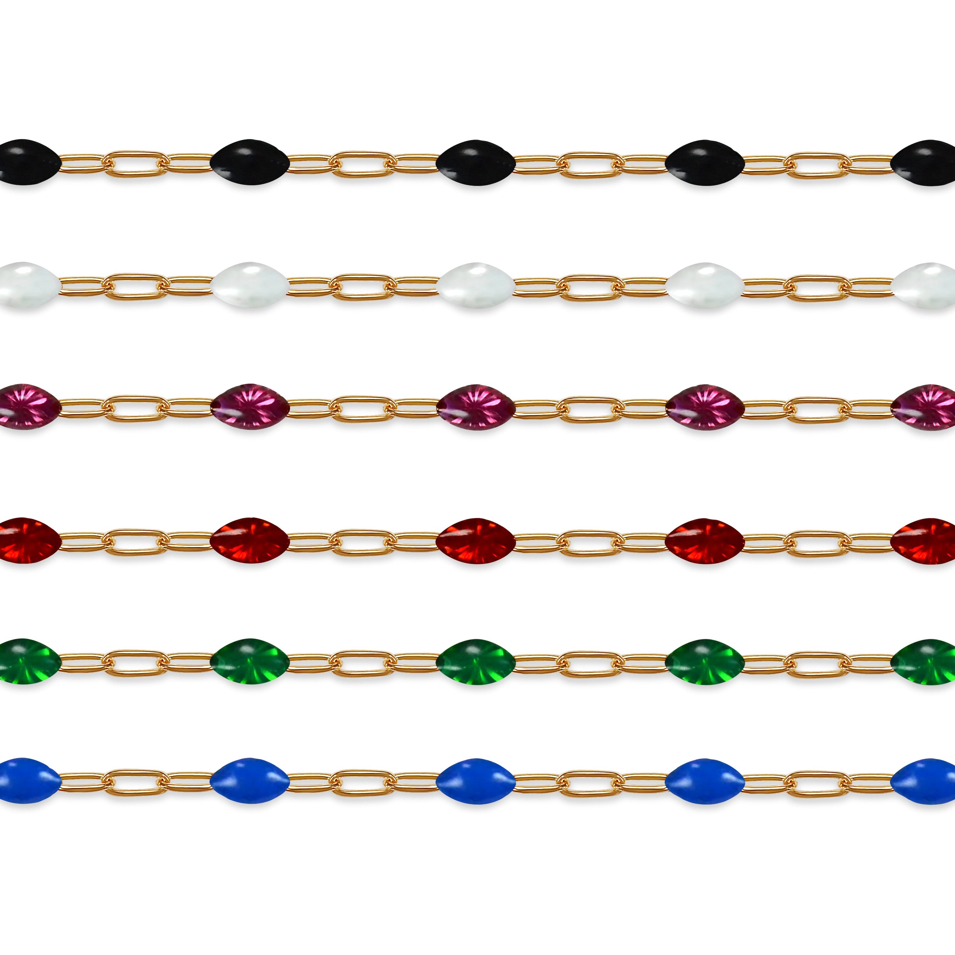 Gold filled chains with colorful enamel on a white background