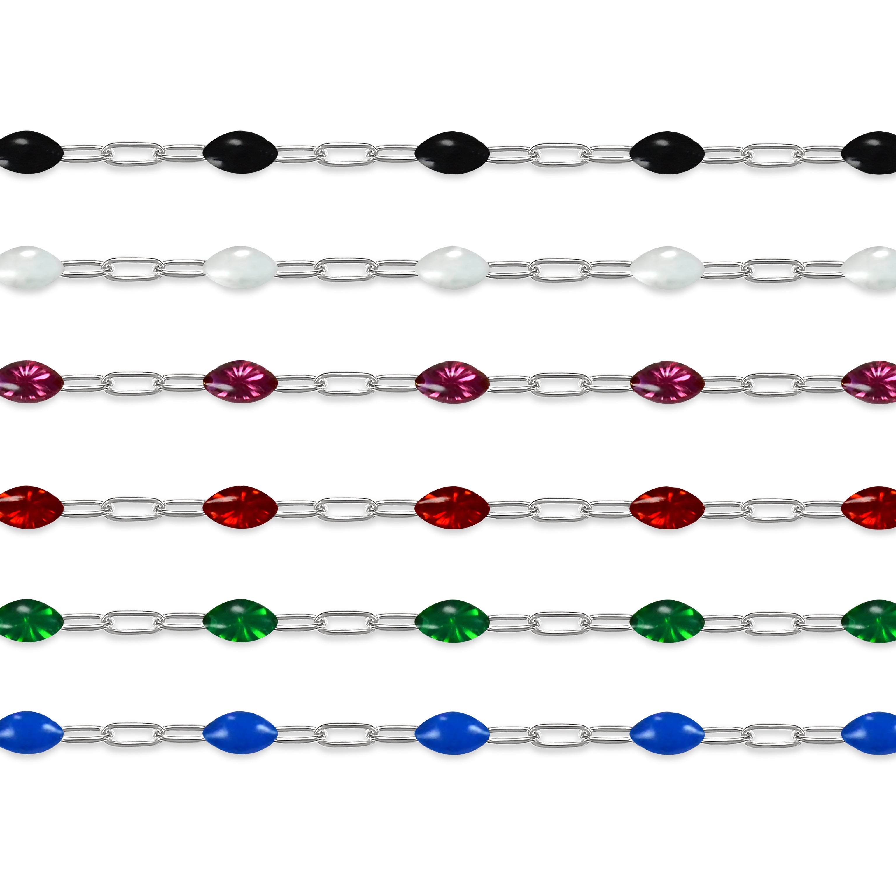 Sterling silver colorful enamel chains on a white background