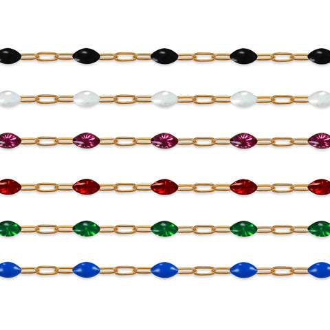 Gold filled chains with colorful enamel on a white background