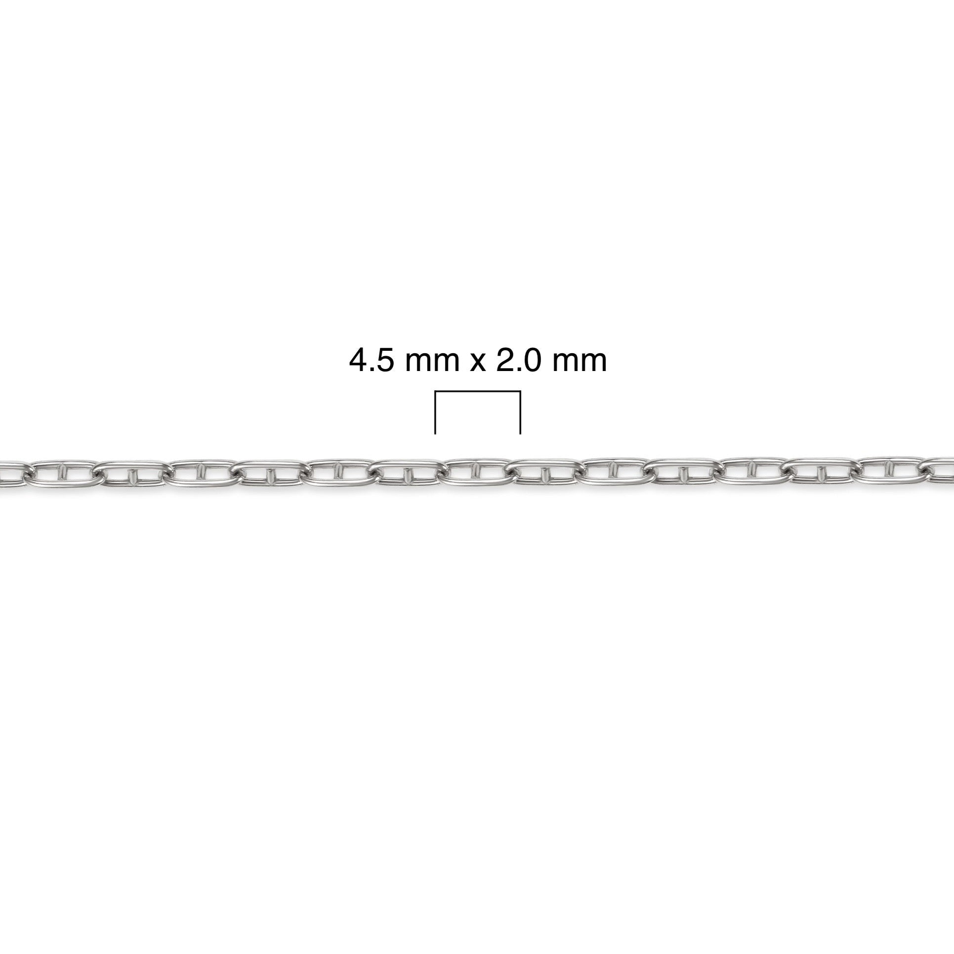 Silver mariner chain with dimensions labeled on a white background