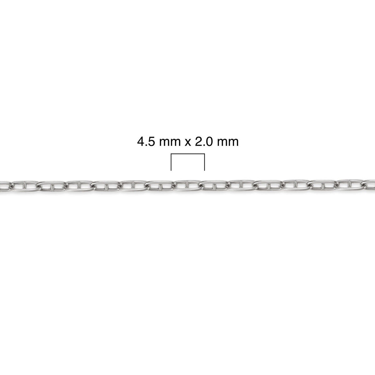 Silver mariner chain with dimensions labeled on a white background