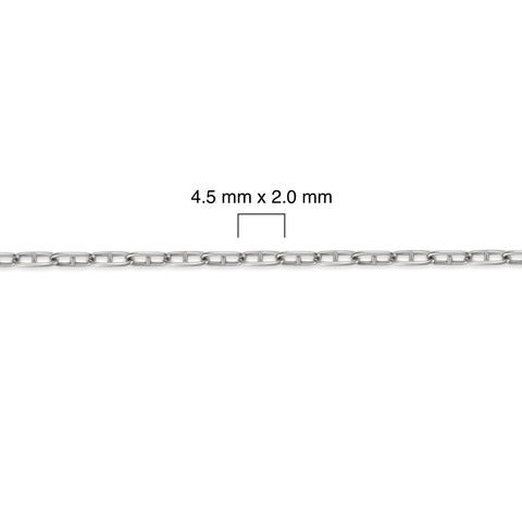 Silver mariner chain with dimensions labeled on a white background