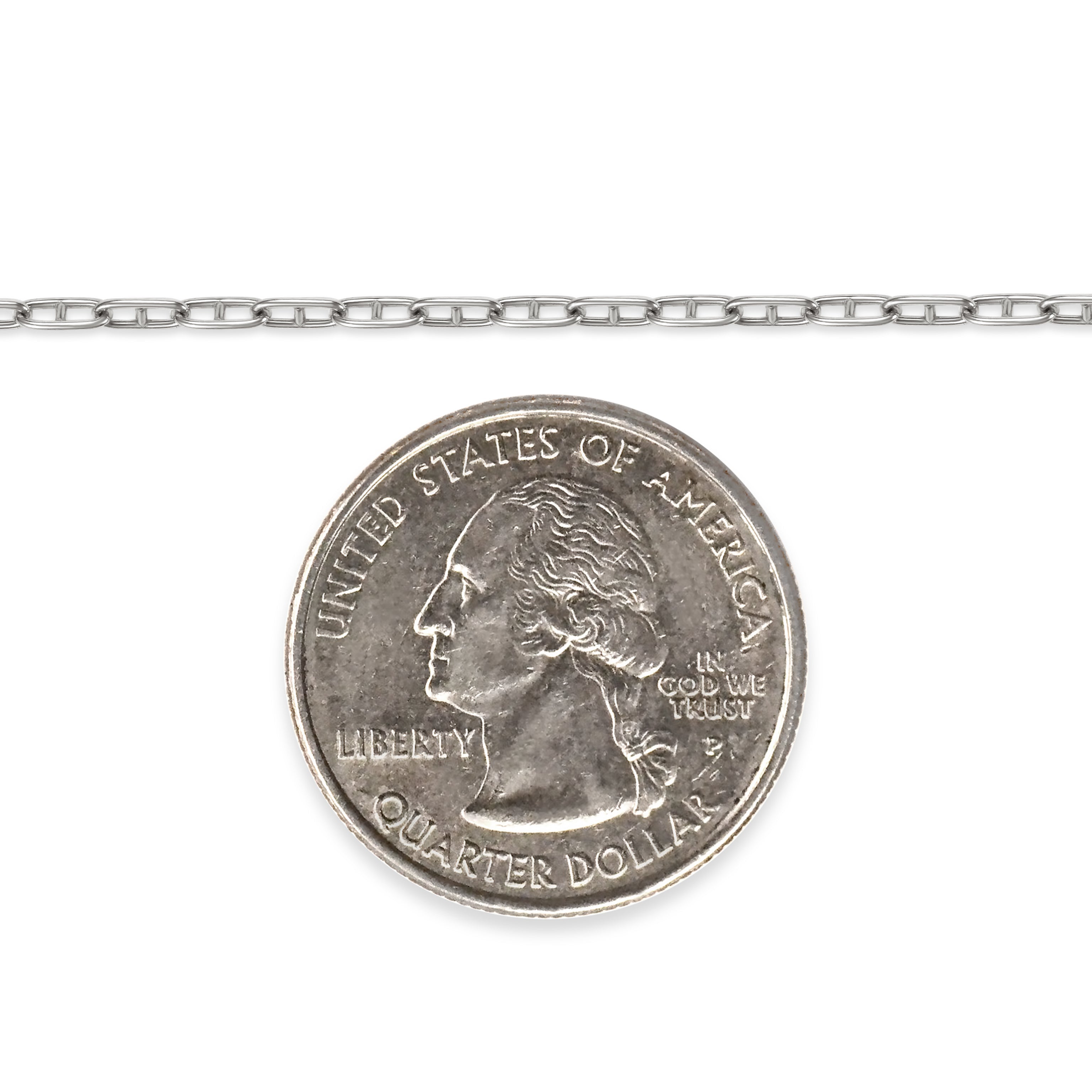 Silver mariner chain with a quarter dollar coin on a white background