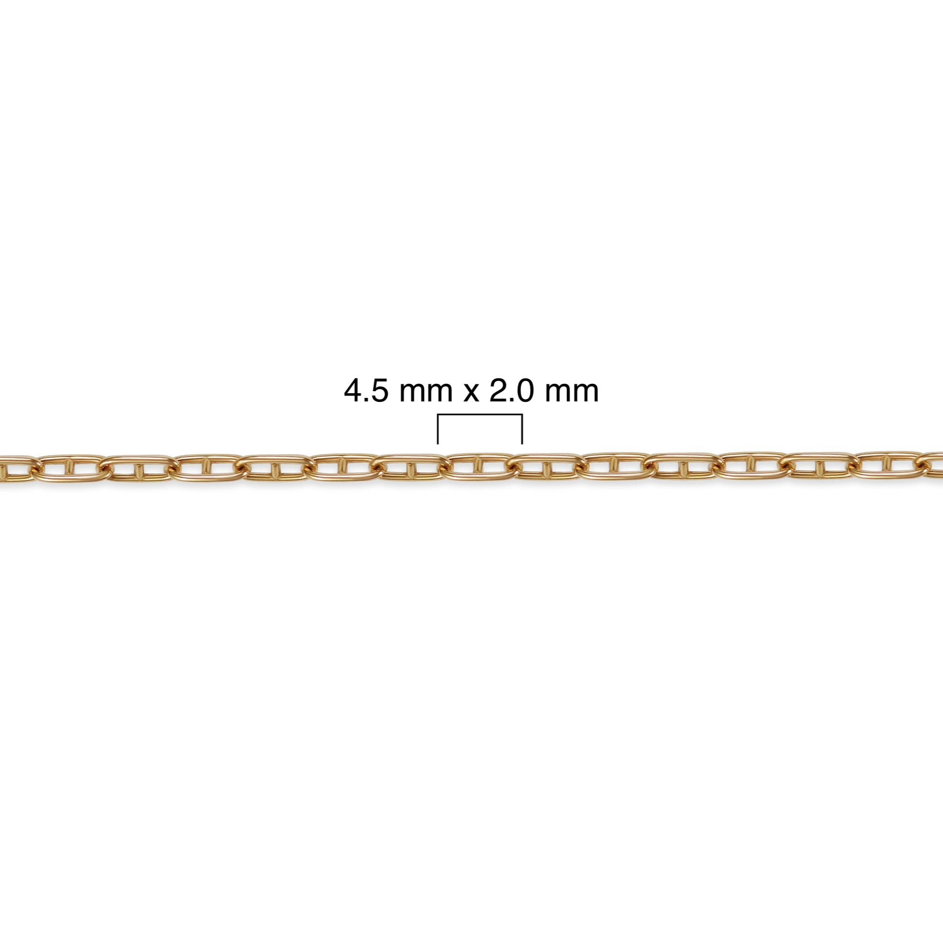 Gold filled mariner chain with measurement details on a white background