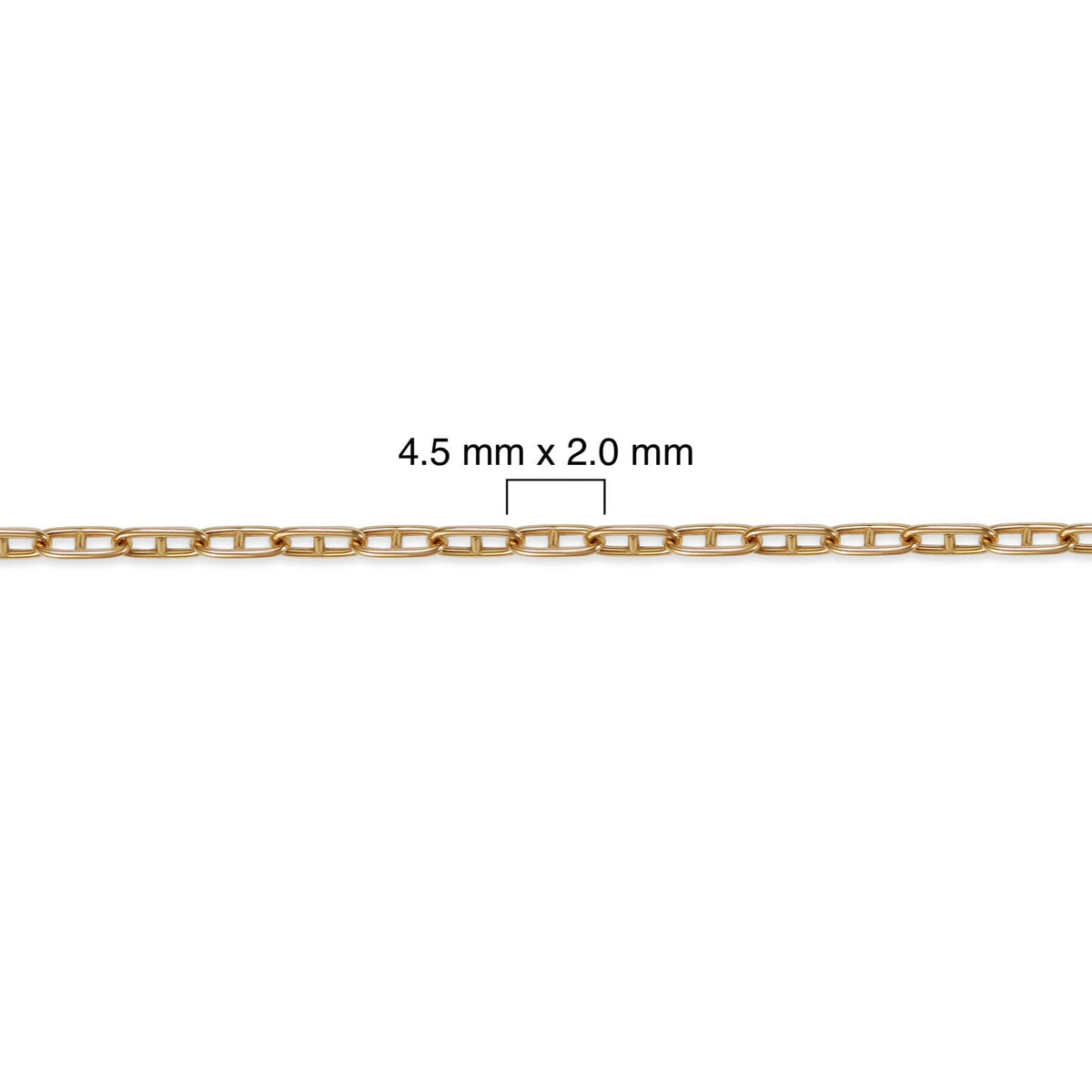 Gold filled mariner chain with measurement details on a white background