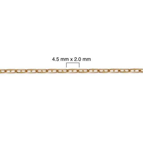 Gold filled mariner chain with measurement details on a white background