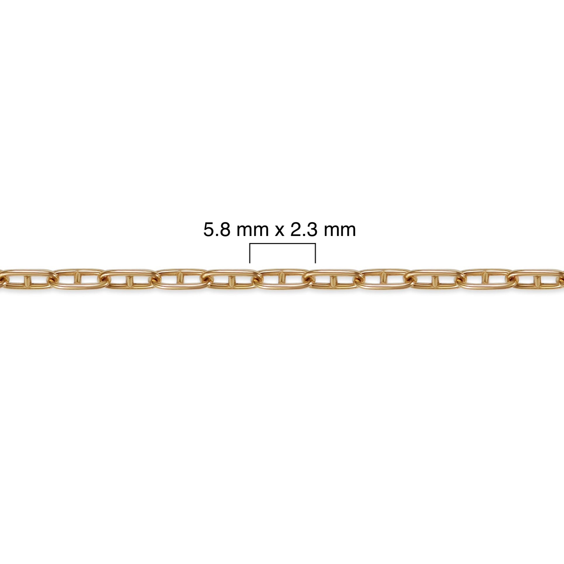 Gold filled mariner chain with dimensions labeled on a white background