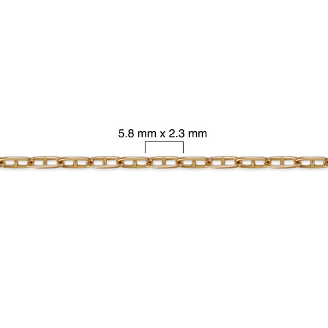 Gold filled mariner chain with dimensions labeled on a white background