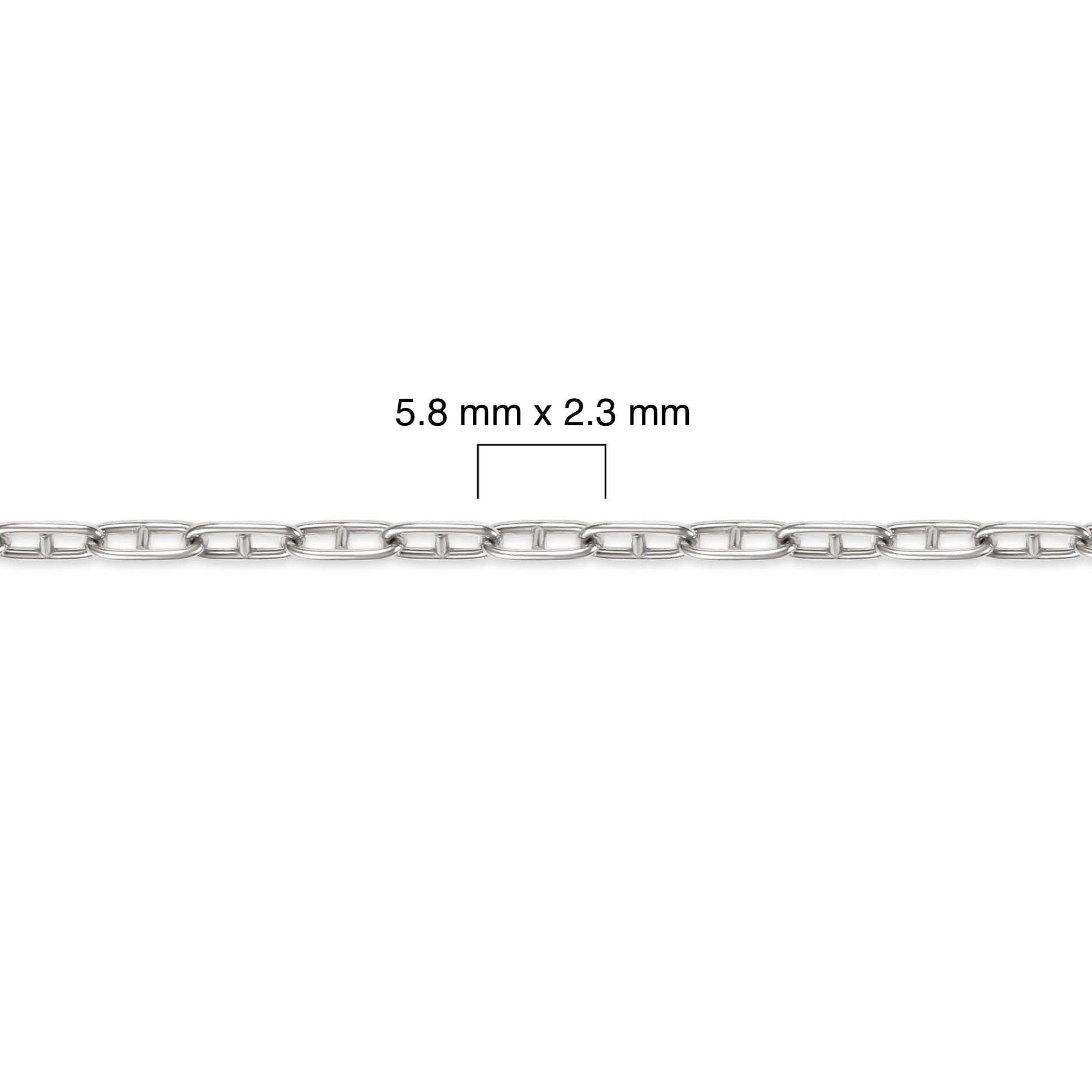 Silver mariner chain with measurement details on a white background