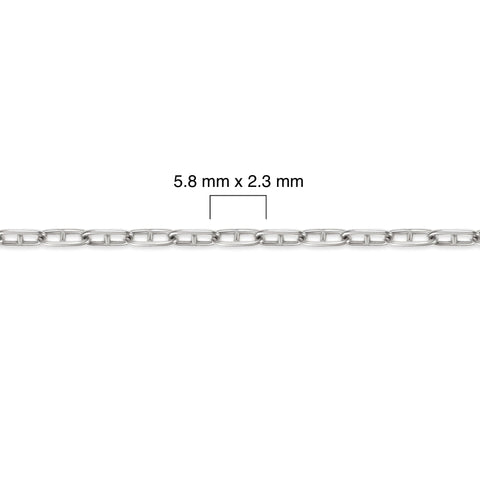 Silver mariner chain with measurement details on a white background
