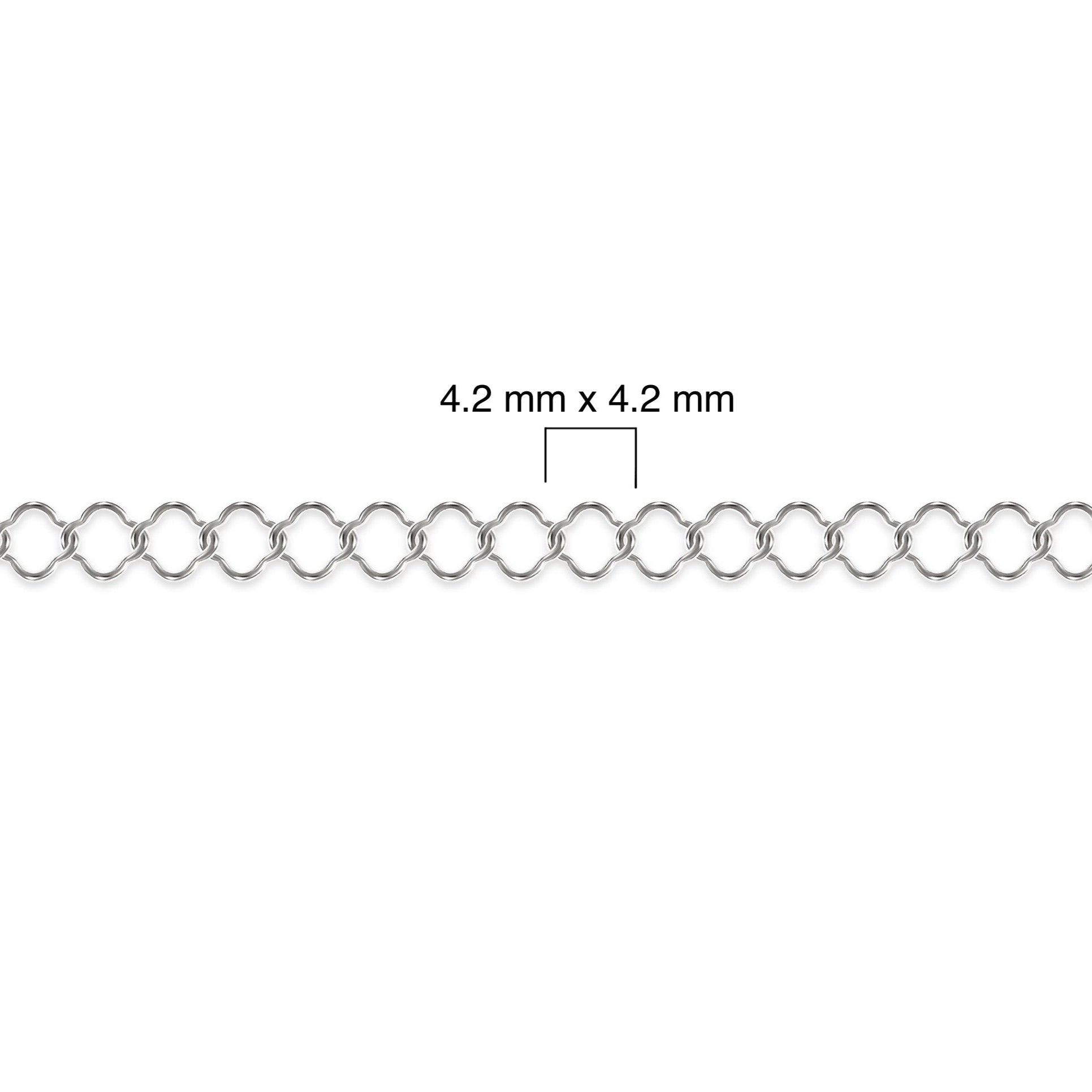 Sterling silver clover chain with measurement details on a white background