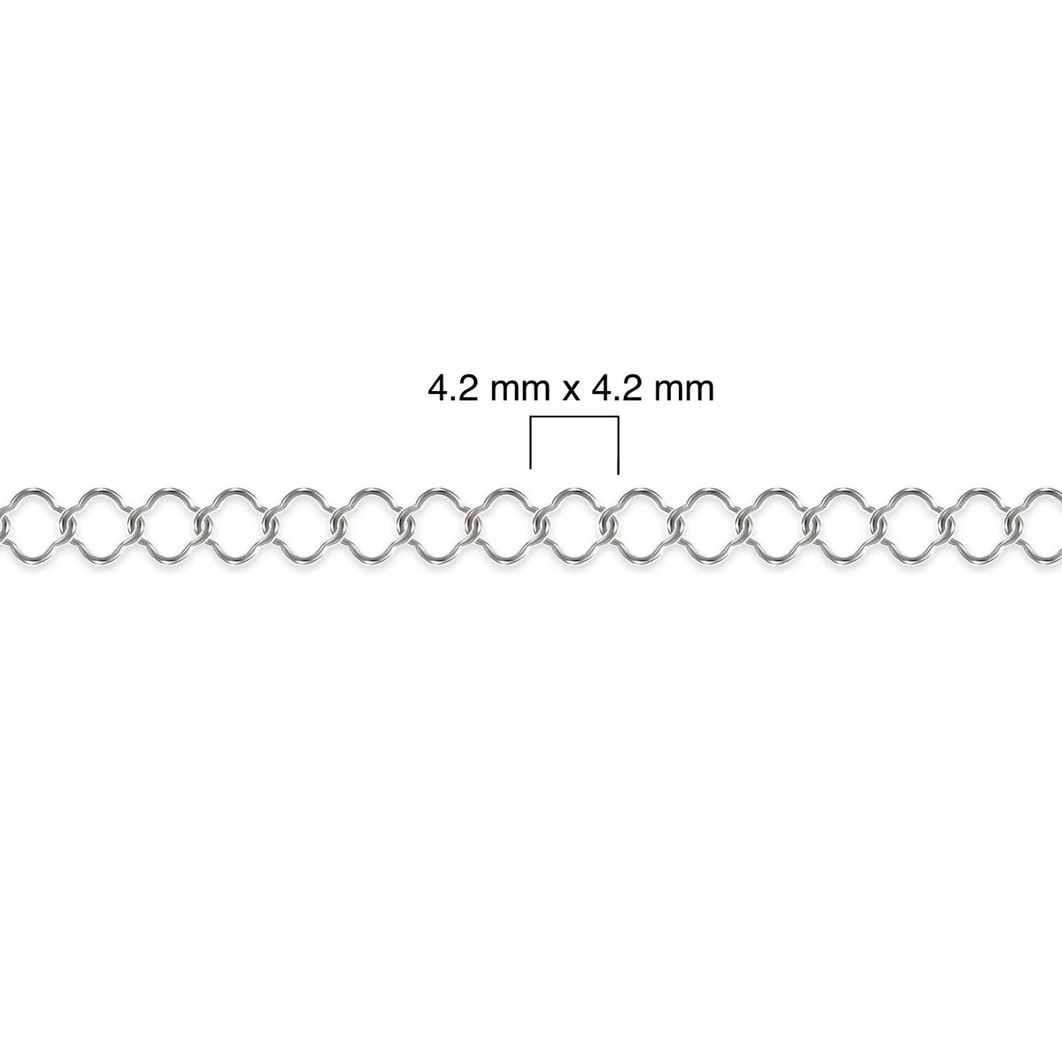 Sterling silver clover chain with measurement details on a white background
