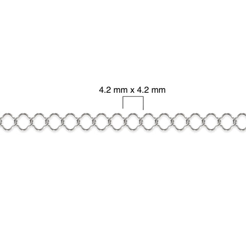 Sterling silver clover chain with measurement details on a white background