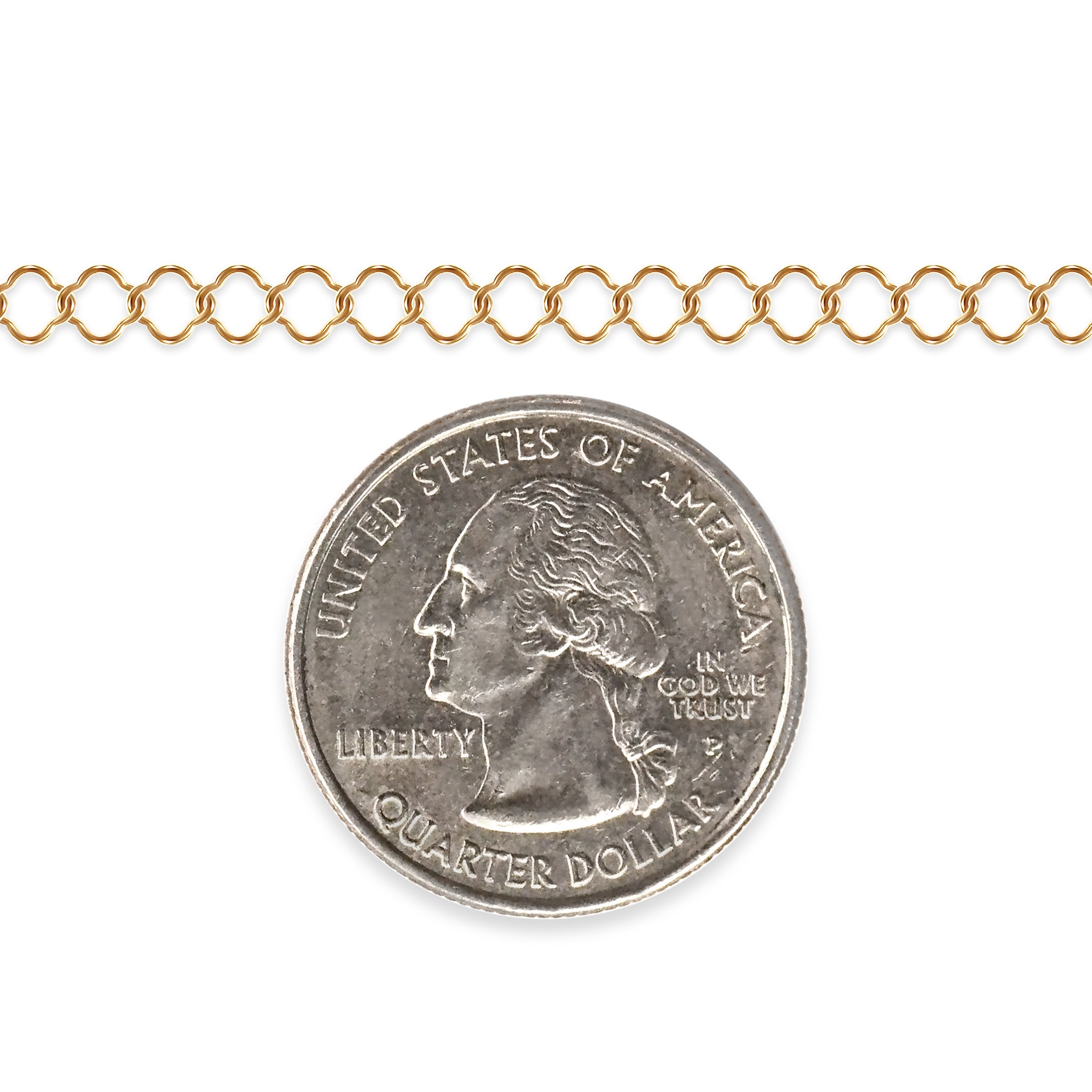 Gold filled clover chain with a quarter dollar coin on a white background