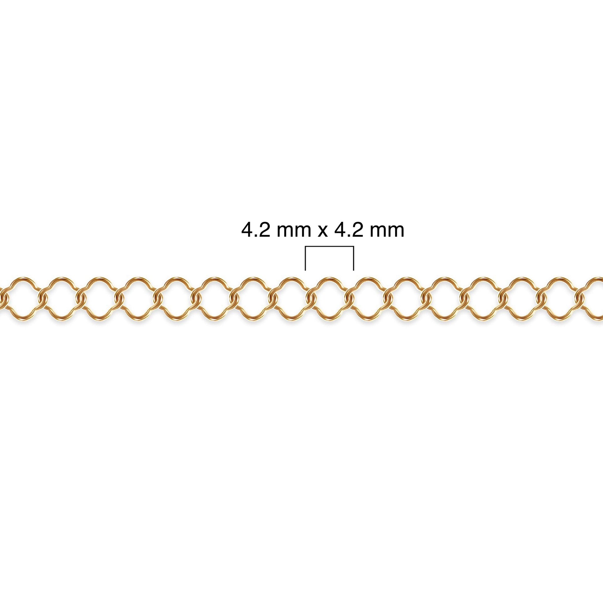 Gold filled clover chain with measurement details on a white background