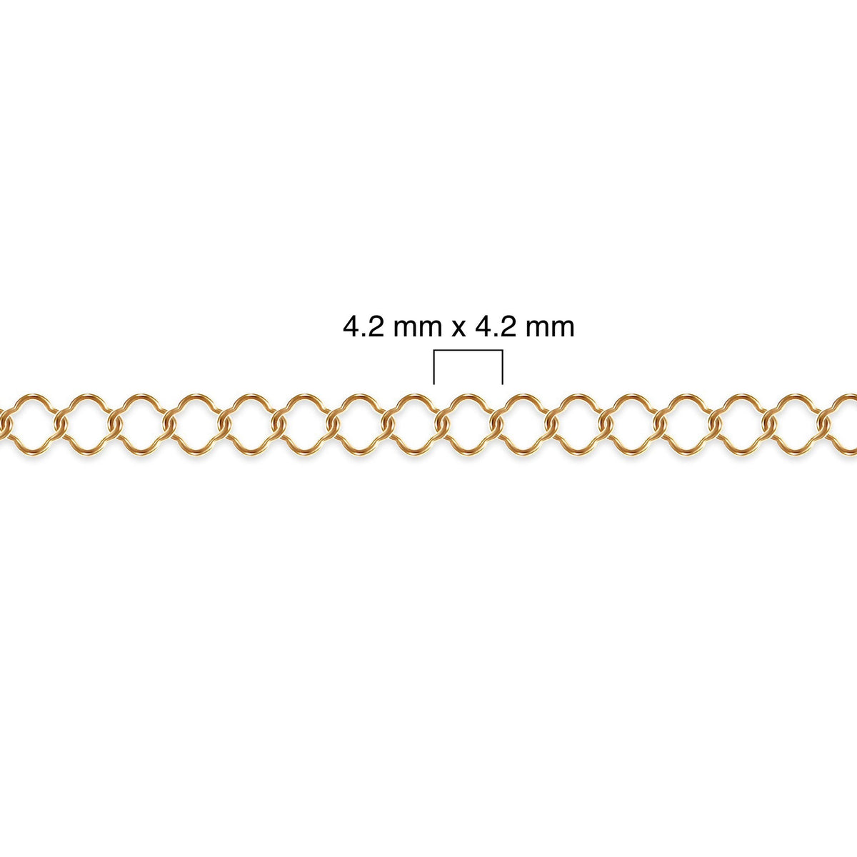 Gold filled clover chain with measurement details on a white background