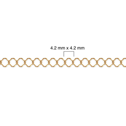 Gold filled clover chain with measurement details on a white background
