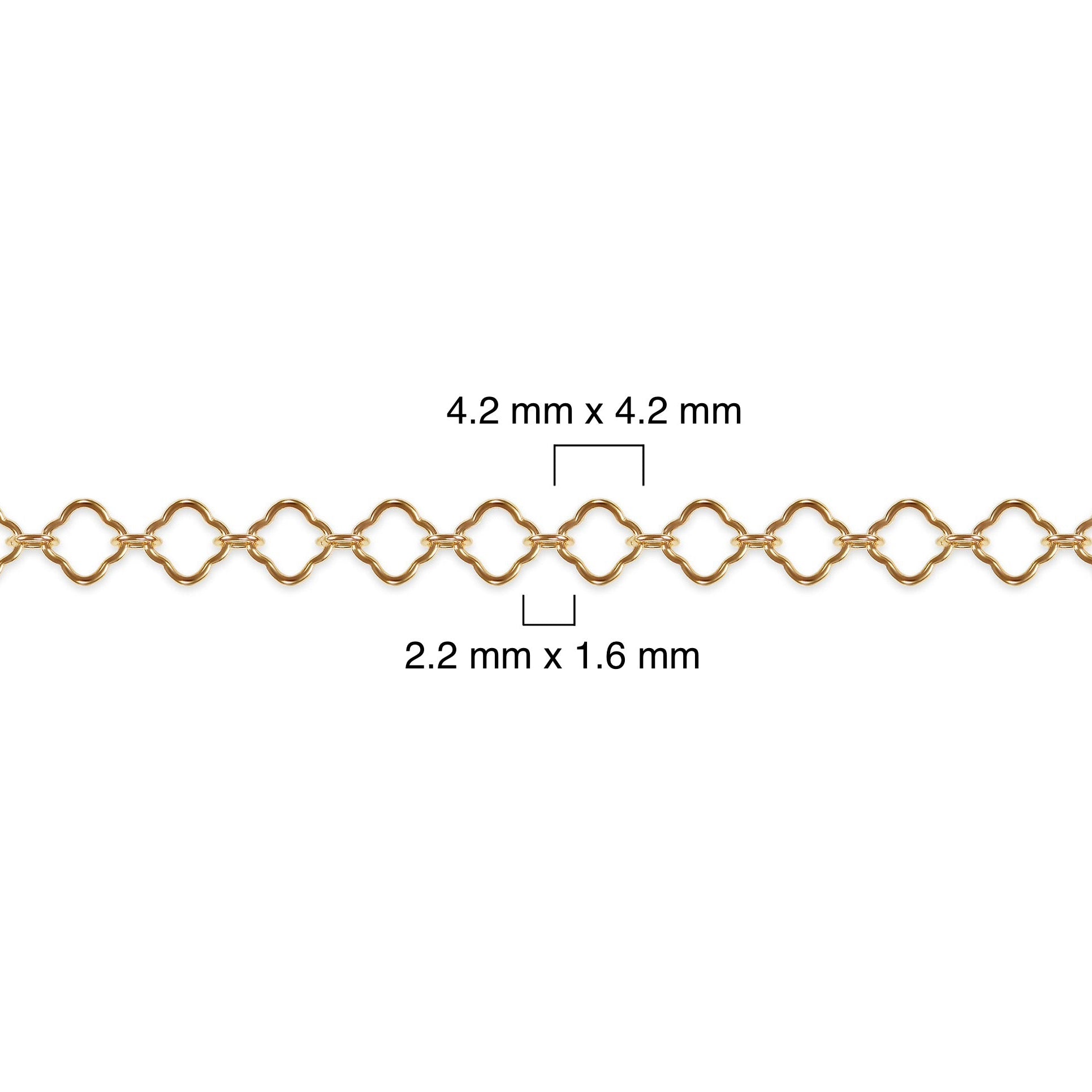 Gold filled clover chain with measurements on a white background